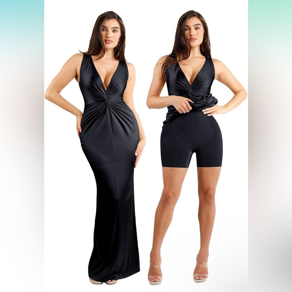 Popilush Shapewear Ruched Bodycon Deep V Neck Built in Long Dress